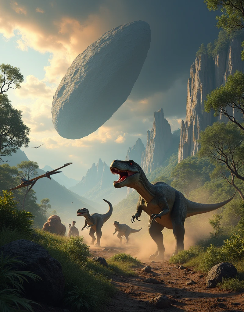 Dinosaurs running scared by asteroid.