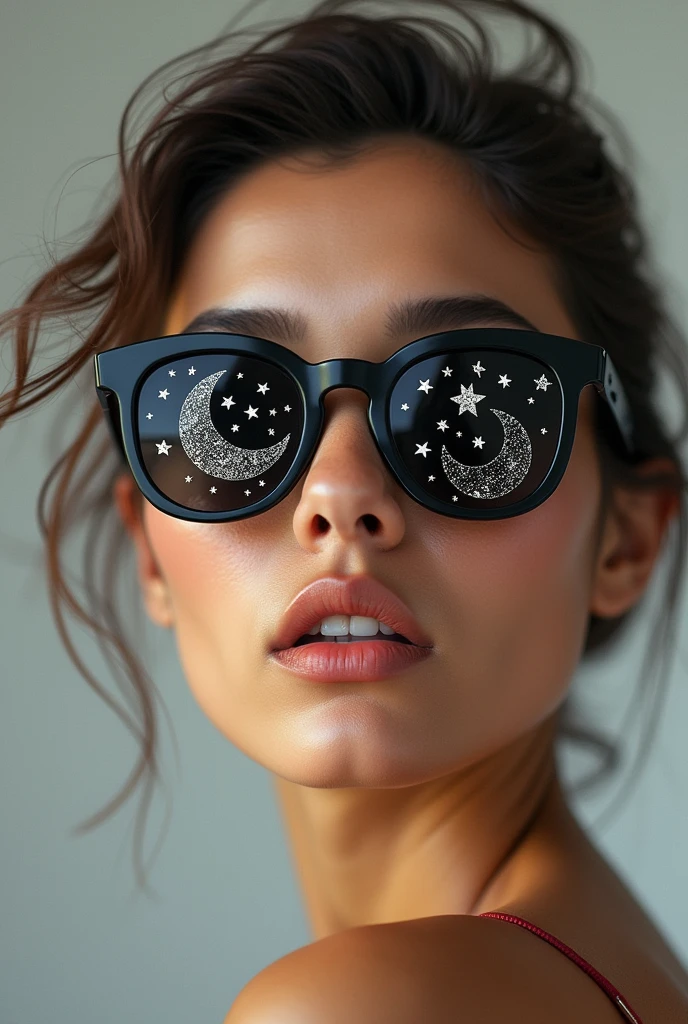 The model is wearing glass sunglasses with stars and the moon on the glass