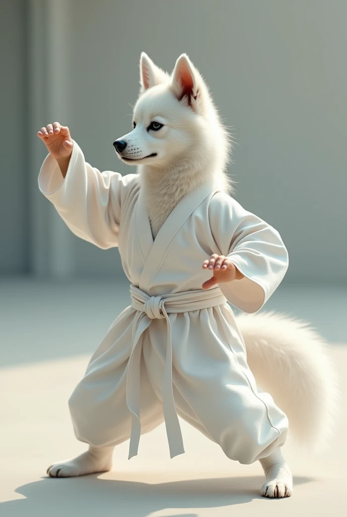 A Alaskan Klee Kai. Wearing White silk martial arts robe. Doing a martial arts pose.