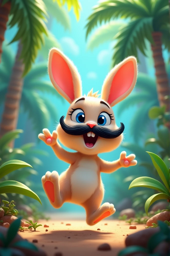 Rabbit dancing on a jungle and he had a blue eyes ,black mustaches