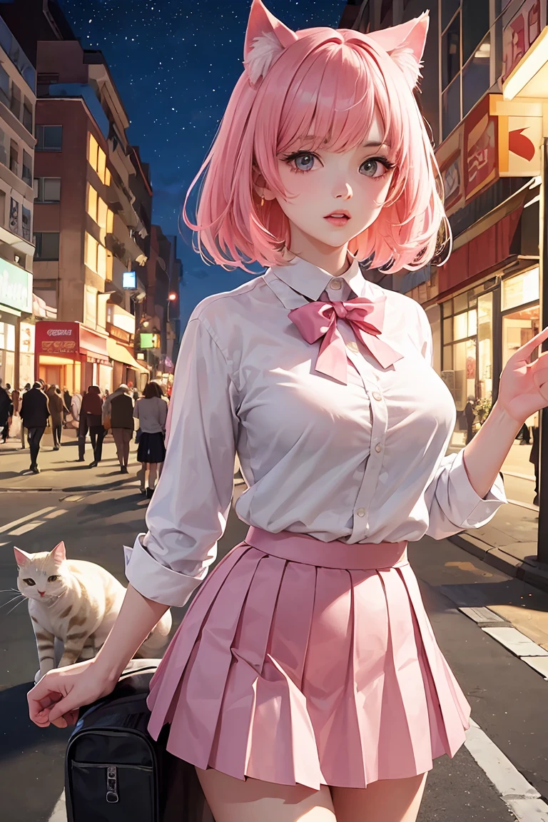 masterpiece, top quality, best quality, official art, beautiful and aesthetic,, , 1girl with cat ear, perfect figure, pink hair, complex details, secondary animation style, roadside, night, doubt, (white shirt, pink pleated skirt:1.5), lovely cat woman, thinking with a crooked head ,