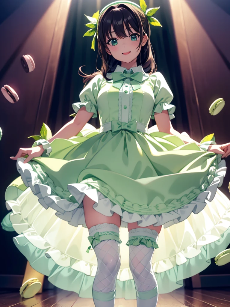 ONE Woman, cute, adorable, full body, smiling, straight hair, long hair, black hair, standing, full breasts, Macaron Delight idol costume, featuring motifs of colorful macarons and whipped cream, with a color palette of (pastel yellow:1) and (mint green:0.7), bodice is designed with a fitted shape, covered in pastel yellow fabric that mimics texture of delicate macaron shells, upper bodice has mint green piping and is adorned with small, colorful macaron-shaped buttons down front, costume includes puffed short sleeves in a soft, sheer mint green fabric, giving it a playful and light-hearted feel, skirt is a layered, ball gown silhouette, flared design with alternating tiers of pastel yellow and mint green tulle, resembling whipped cream layers, with small macaron decorations attached at the waistline, A matching mint green headband with a macaron and ribbon detail completes look, fishnet tights, pastel yellow platform loafers, accented with mint green and pastel yellow laces,