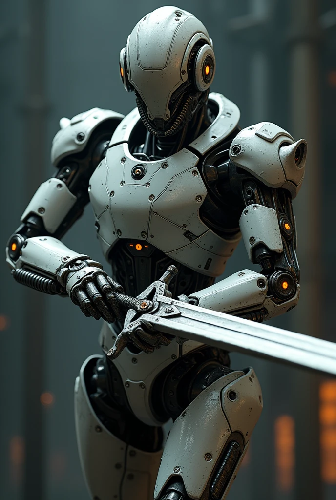 Create an ultra-realistic image of a robot with gears and a sword