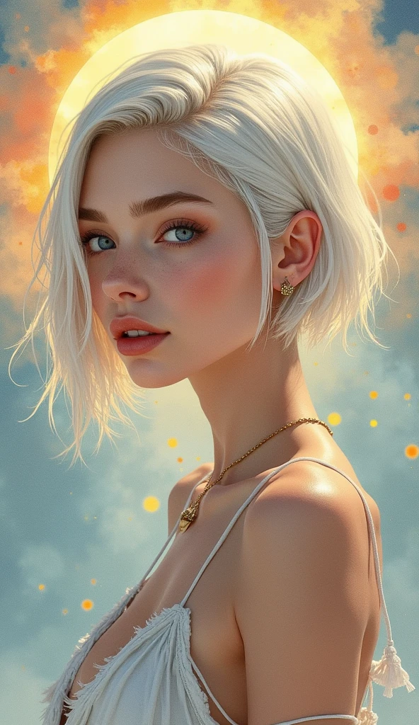 Highest quality, highest resolution, detailed depiction, delicate depiction, diverse lighting, pale-haired woman with cropped hair, majestic expression, viewer's gaze, realistic watercolor painting, photorealistic, sweet expression, mechanical earth, detailed background, femininity, translucent white skin, delicately drawn face, beautiful face, thin and light eyebrows, round chin, strong luster, adventurer woman, realistic depiction, slim abs, blue eyes, highest quality, masterpiece, ultra-high resolution, 8K, perfect beauty, light clothing, jeans pants, tattered clothes, large sunset, strange world, mysterious world