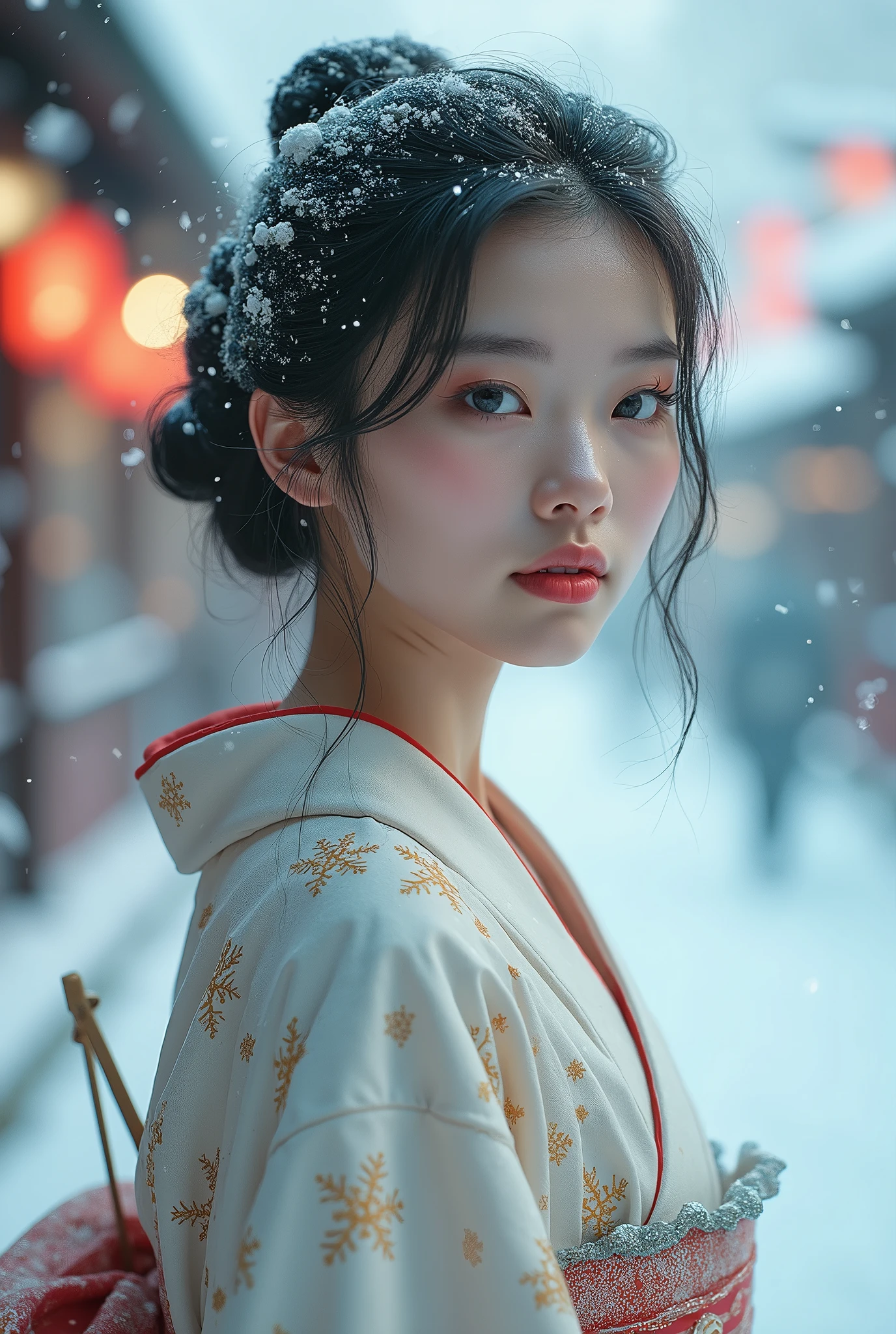 (masterpiece,Highest quality:1.4),(8k,RAW Photos,Photorealistic:1.4),Ultra-high resolution, ,(Glowing Skin:1.4),Detailed肌,Detailed顔,Detailed目,(Beautiful and shining eyes:1.2),Symmetrical eyes,Detailed耳,One person,Natural Makeup,(((Idol))),,Detailed背景,Vivid background,Beautiful and shiny hair,,((Average teenage breasts)),,(Detailed Snow Girl,Sexy Japanese kimono with snowflake pattern,,Snow falling background,Holding an umbrella,mysterious,whole body),,((Sharp Face)),Natural light,,(Very detailed ,,online shopping,LUMINE® Market,),real,,Professional,(Detailed,Location was great.),