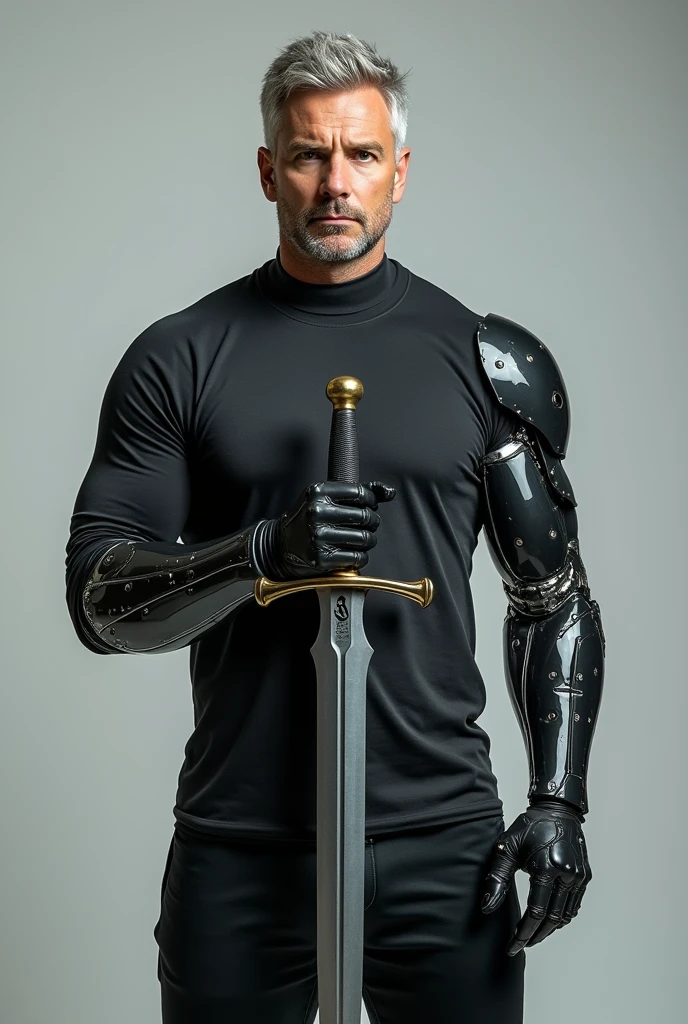 Photo of man in his mid 30s, greyish blonde hair, 180 pounds with a bio mechanical left arm and hand, holding a sword l, normal right arm  and body