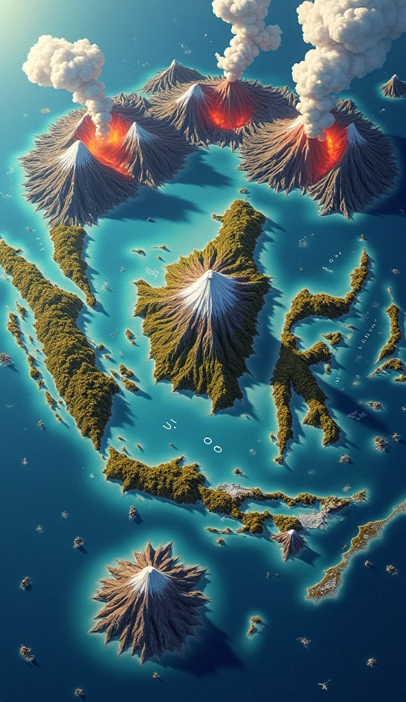 Visual map of Indonesia surrounded by active volcanoes