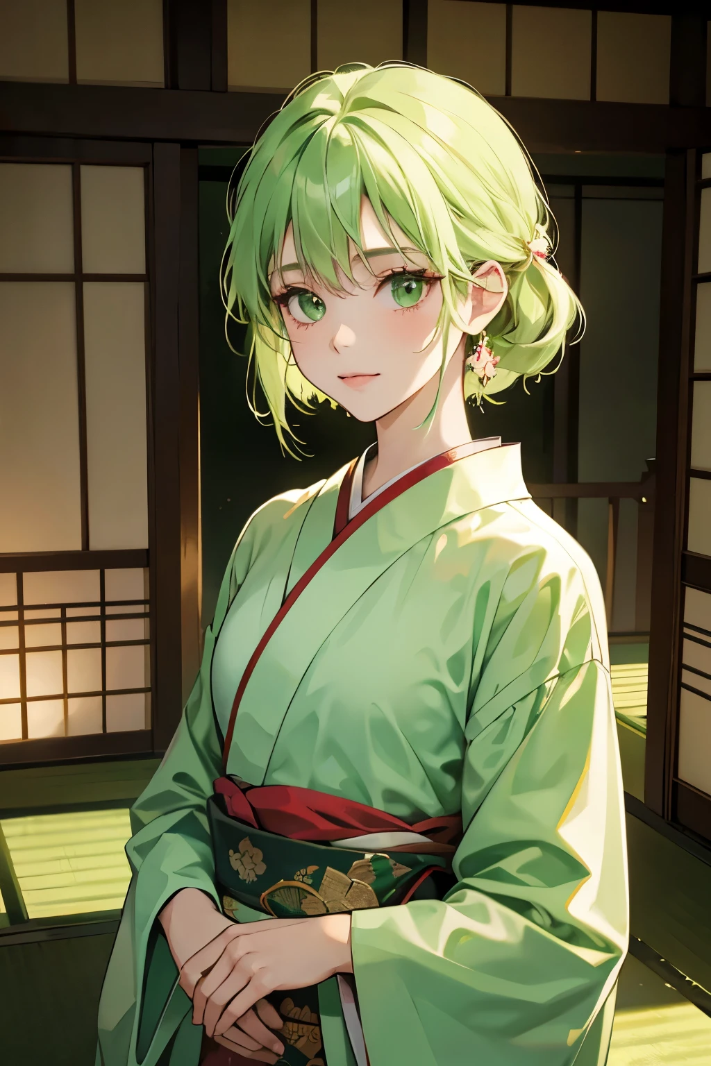 Light green medium hair,Light green eyes,Hanging eyes,Upper Body,kimono,Japanese-style room, tatami
