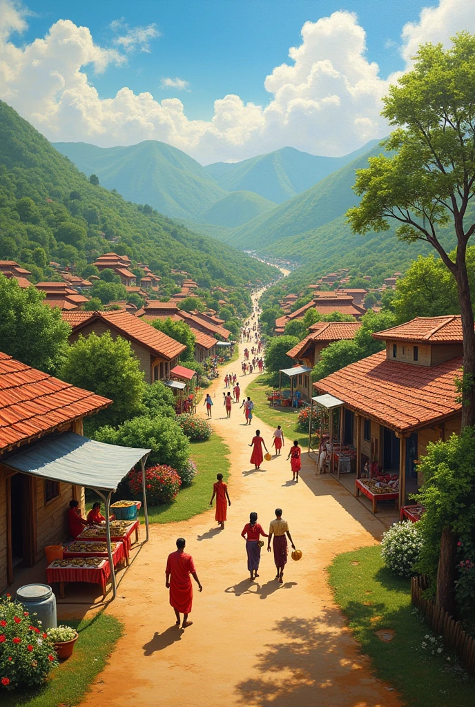 In oil painting "A panoramic view of a flourishing village with improved infrastructure and vibrant community life"** - Shows the overall progress and prosperity of the village as a result of Ramesh’s efforts."