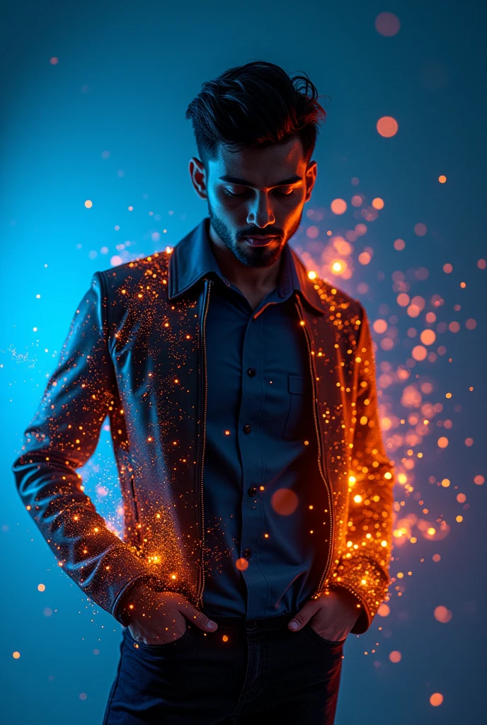 ashion editorial photography, medium shot of an asian man,Blue background,Orange contrast,Tech patterns, Dynamic silhouette, Virtual devices, Light effects and particles, Futuristic typography, Dynamic movement,Abstract geometry