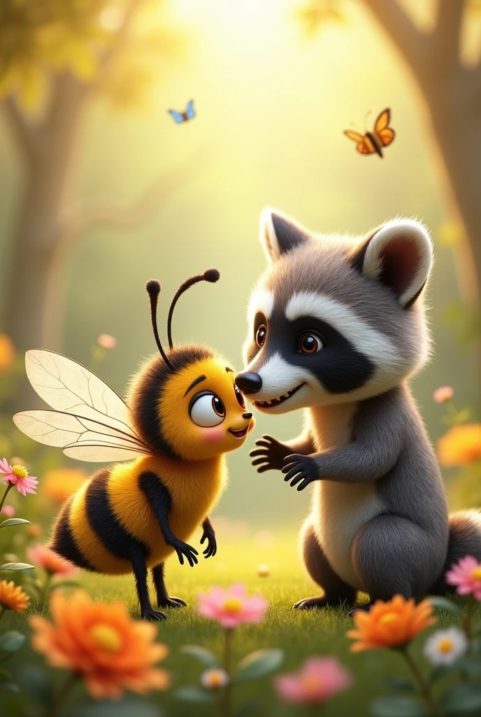A little bee with a little raccoon
