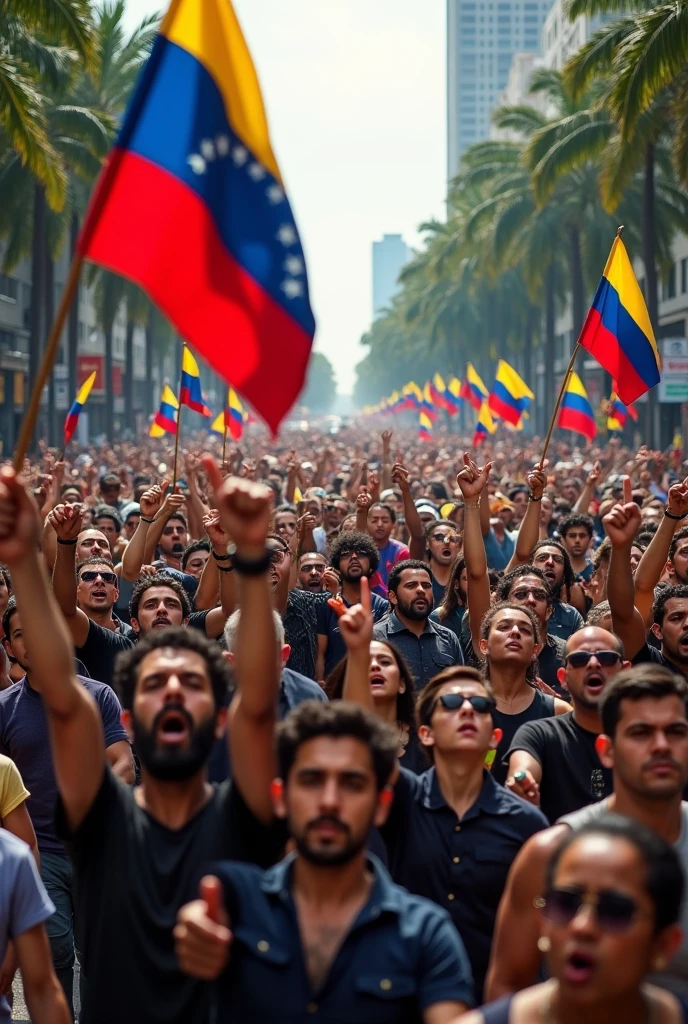 the image of a mass march, calling for freedom for Venezuela , where the flag is seen, and emotion is transmitted , fuwrA, courage and hope