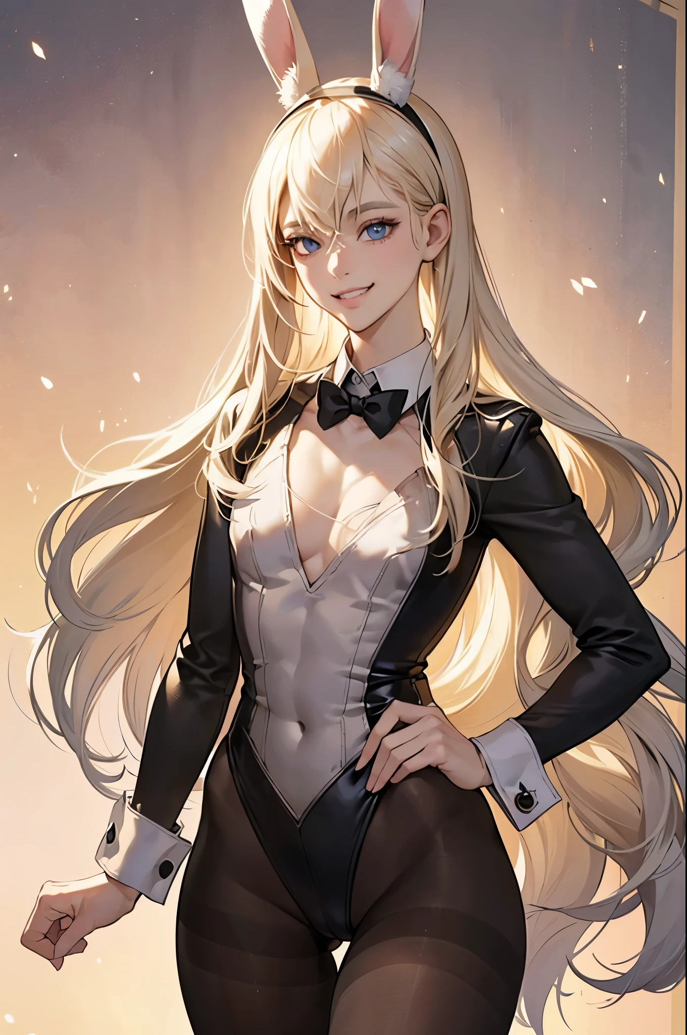 ((Top quality)), ((masterpiece)), (details),
High resolution, super detailed, very detailed CG Unity 8k wallpaper, real, photorealistic,
Beautiful fine face, detailed face.
Pale skin, realistic shining skin.
Detailed fabric texture, detailed hair texture.
(Eyes with attention to beautiful details: 1.5),
(Small hand), ((perfect hand)).
Slim legs, detailed legs.
((Perfect Anatomy)).
Perfect lighting.
Break
A girl,age:25, playboy bunny,
(Platinum Blonde Hair :1.3),
Long Hair, Straight Hair,
((Half smile:1.6)),
(Slender: 1.1), (big chest: 1.8),
(Fluffy thighs: 1.1),
rabbit ears, black rabbit ears, fake rabbit ears Headband,
black leotard,
pantyhose, black pantyhose,
bowtie, wrist cuffs, 
Break
Lift the tray with a glass with one hand,
At Gorgeous background with a golden base,