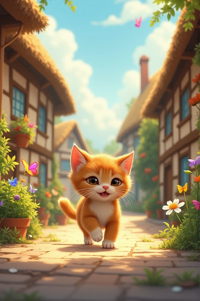 Once upon a time, in a small village, there lived a curious kitten named Whiskers. Whiskers loved to explore every corner of the village, but what he loved most was chasing after colorful things.