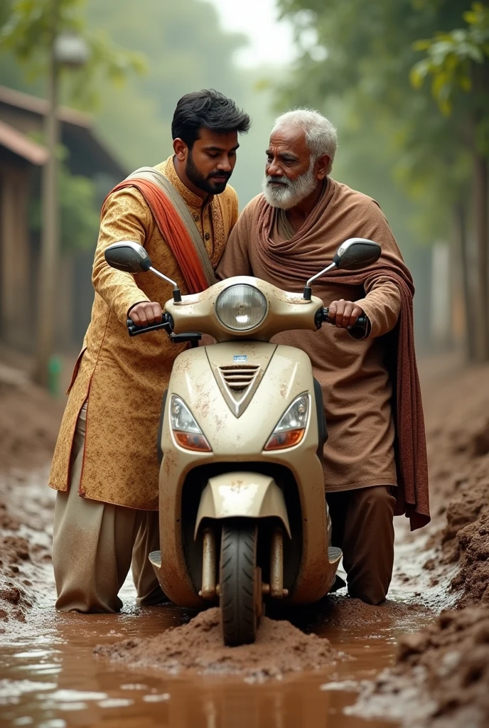 Ek ladka hai jismein apni shaadi ki sherwani pahani hai vah ek uncle ki help kar raha hai jinka scooter kichad mein fas gaya hai