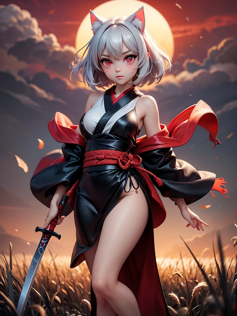 ninjartista eclipse lunar A Mata Facas cabelos loiros longos cabelo rabo de cavalo olhos amarelos Mulheres Bonitas roupa sensual (NSFW:1.0) young girl, very hairy pussy with medium breasts, tied up hair, tiny waist, very tiny nipples, detailed