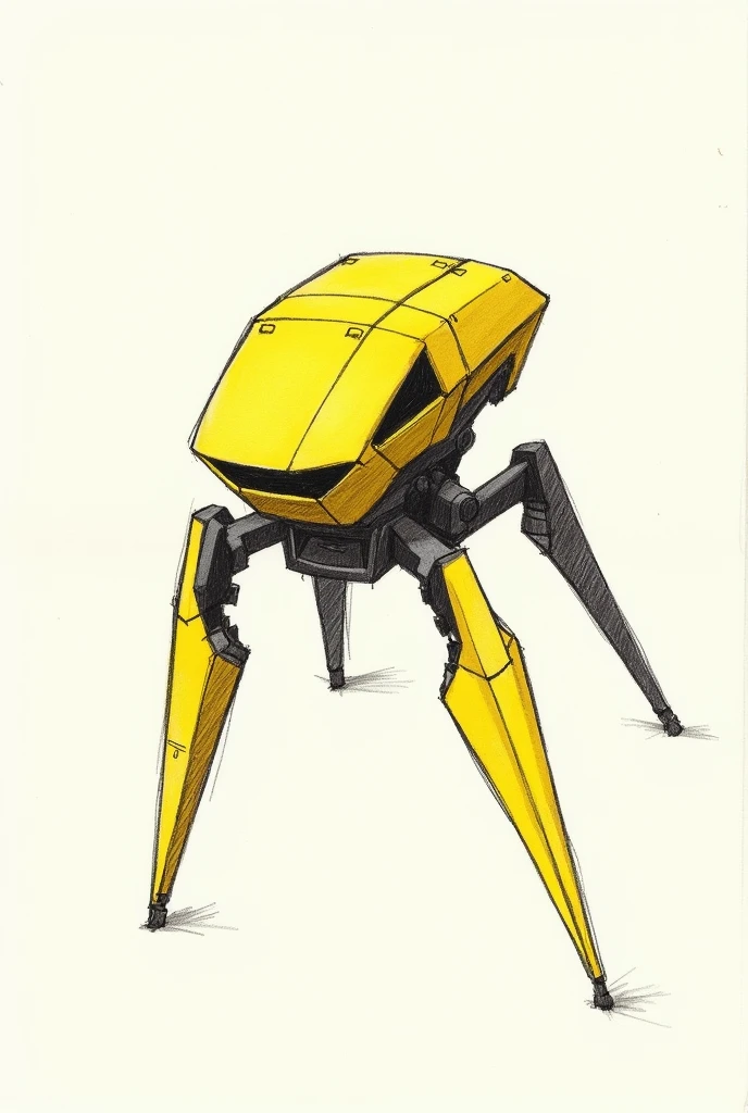 BLACK AND WHITE LINE SKETCH WITHOUT 2D FILL THAT LOOKS AT A ROBOT WITH THE FOLLOWING CHARACTERISTICS FROM THE FRONT AS IF IT WERE DRAWN IN A NOTEBOOK, simple, geometric : Metallic yellow color Low height Flies Thick build Long limbs
