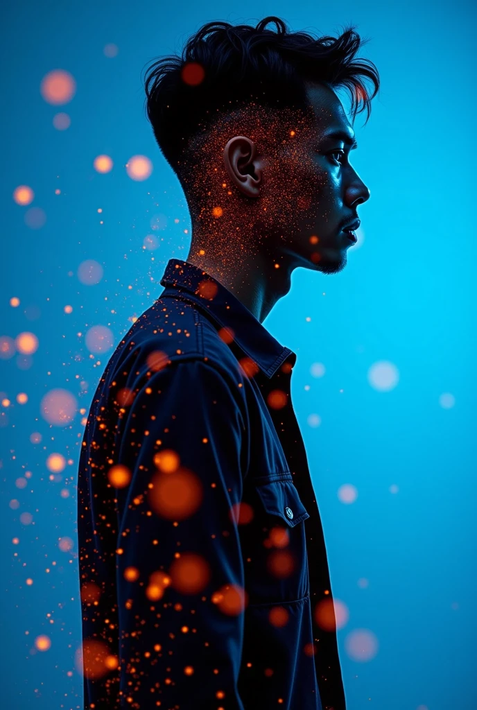 ashion editorial photography, medium shot of an asian man,Blue background,Orange contrast,Tech patterns, Dynamic silhouette, Virtual devices, Light effects and particles, Futuristic typography, Dynamic movement,Abstract geometry