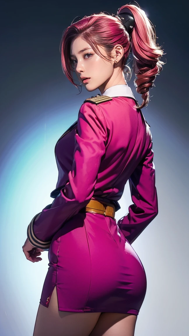 ((masterpiece)),(((highest quality))),((Reference Sheet, Character Design, front, return, ~ ~ side, Mr..々Hairstyle, Mr..々Performance, Facial Expressions)), , Cute type, (Very slim:1.4), (Very small ass:1.4), Realistic buttocks, Medium chest， Pink hair, mohawk and ponytail:1.2，Thin thighs, Long legs, It's not a big deal,(A female Earth Federation officer is walking), (Wearing Earth Federation military uniform, White and magenta military uniforms),(Worn by federal government employees&#39;White Hat:1.5)