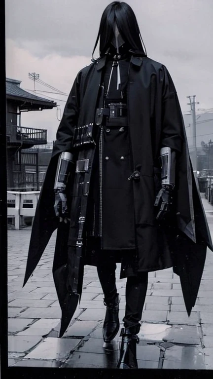 Black Hair、Cold look:1.5、Japanese woman in her 30s、Dark Background、One Cool Lady:1.5、night、whole photo、Dark Eyes、Black gloves、Ominous Machine Lifeform、Nihil、Half of his body is made of machinery、Mechanical Man:1.5、Modern clothing:、Creepy、Scary atmosphere