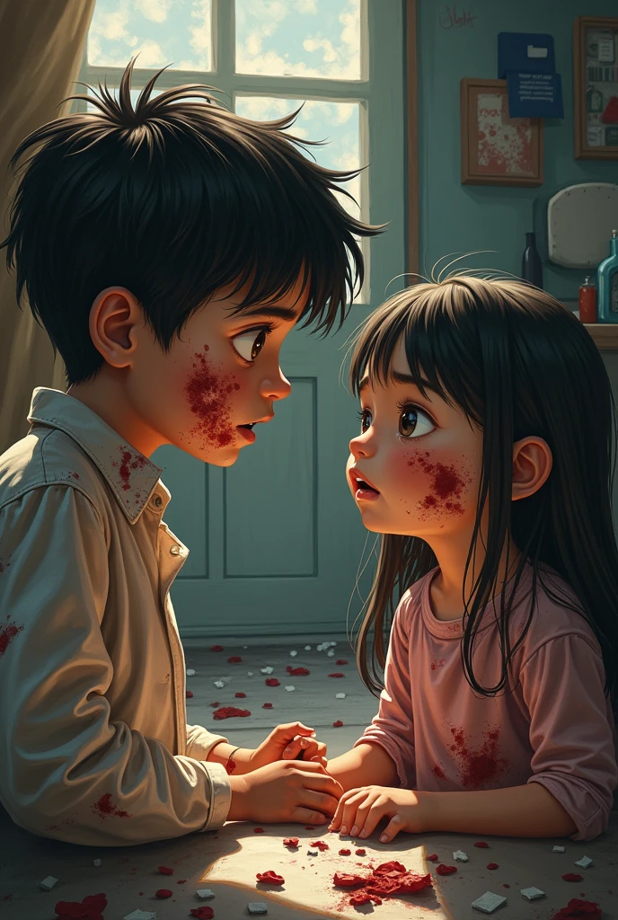 Boy being hurt at back with so many things but he is still asking girl are you ok