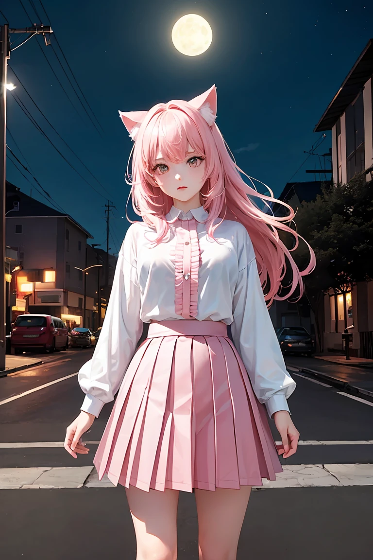 masterpiece, top quality, best quality, official art, beautiful and aesthetic,, , 1girl with cat ear, perfect figure, pink hair, complex details, secondary animation style, roadside, night, doubt, (white shirt, pink pleated skirt:1.5), lovely cat woman, thinking with a crooked head ,