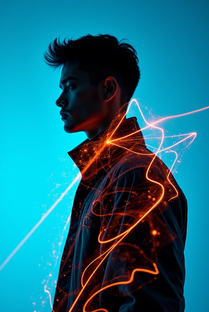 ashion editorial photography, medium shot of an asian man,Blue background,Orange contrast,Tech patterns, Dynamic silhouette, Virtual devices, Light effects and particles, Futuristic typography, Dynamic movement,Abstract geometry