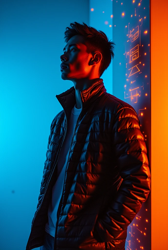ashion editorial photography, medium shot of an asian man,Blue background,Orange contrast,Tech patterns, Dynamic silhouette, Virtual devices, Light effects and particles, Futuristic typography, Dynamic movement,Abstract geometry