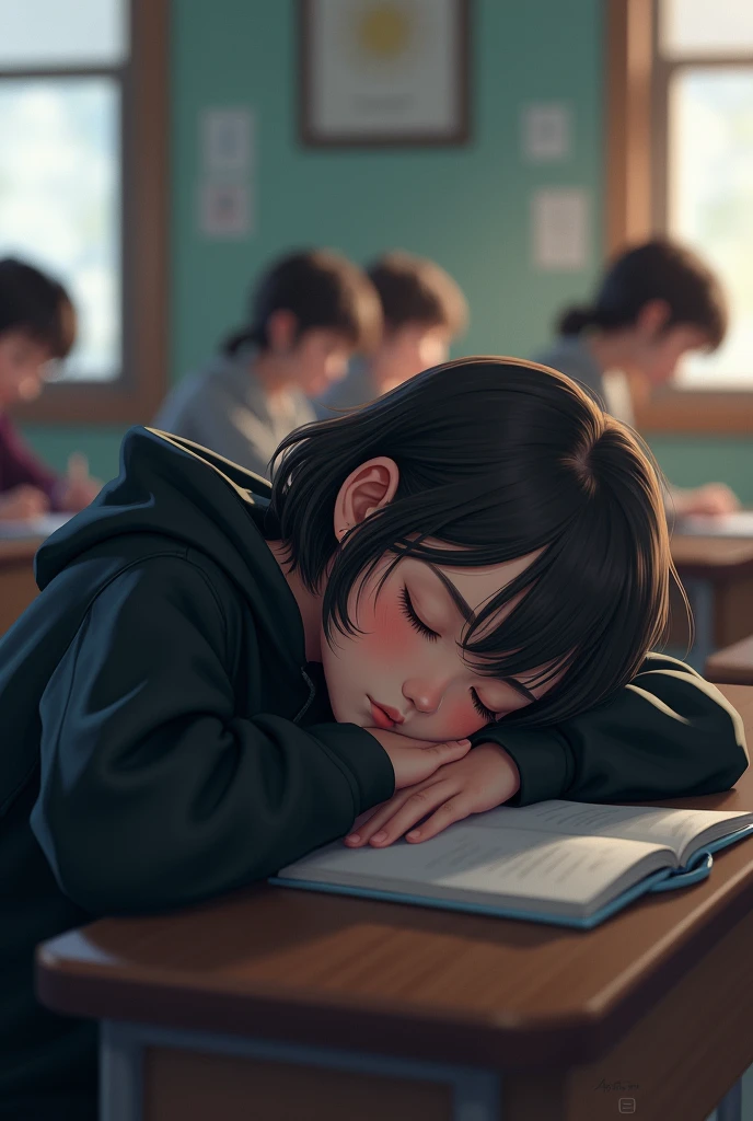 A girl in the classroom wearing a black hoodie sleeping with her head down