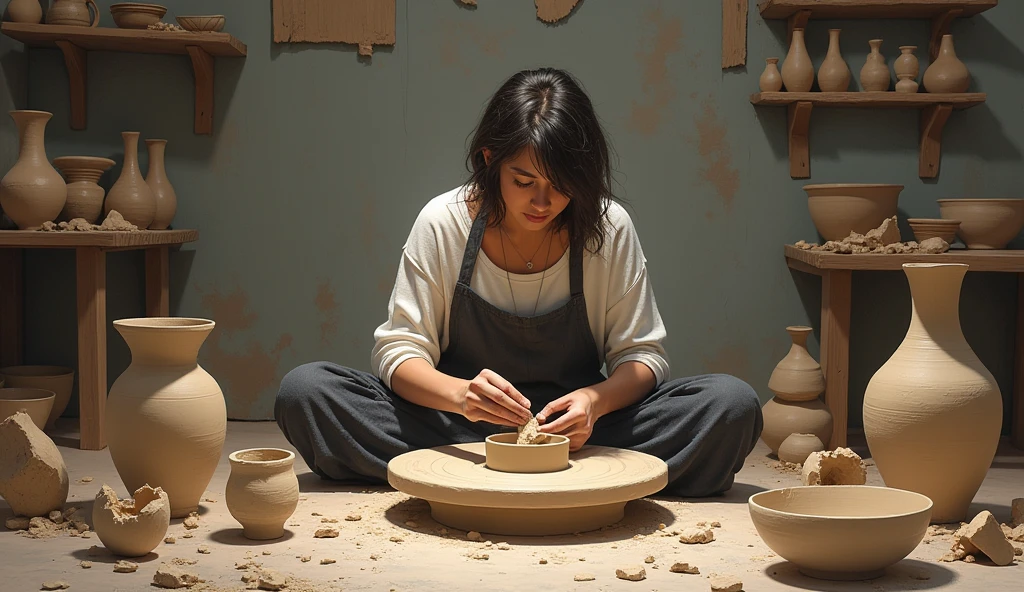 A person at a pottery wheel, surrounded by both broken pots and beautifully crafted ones, showcasing learning and growth through trial and error.