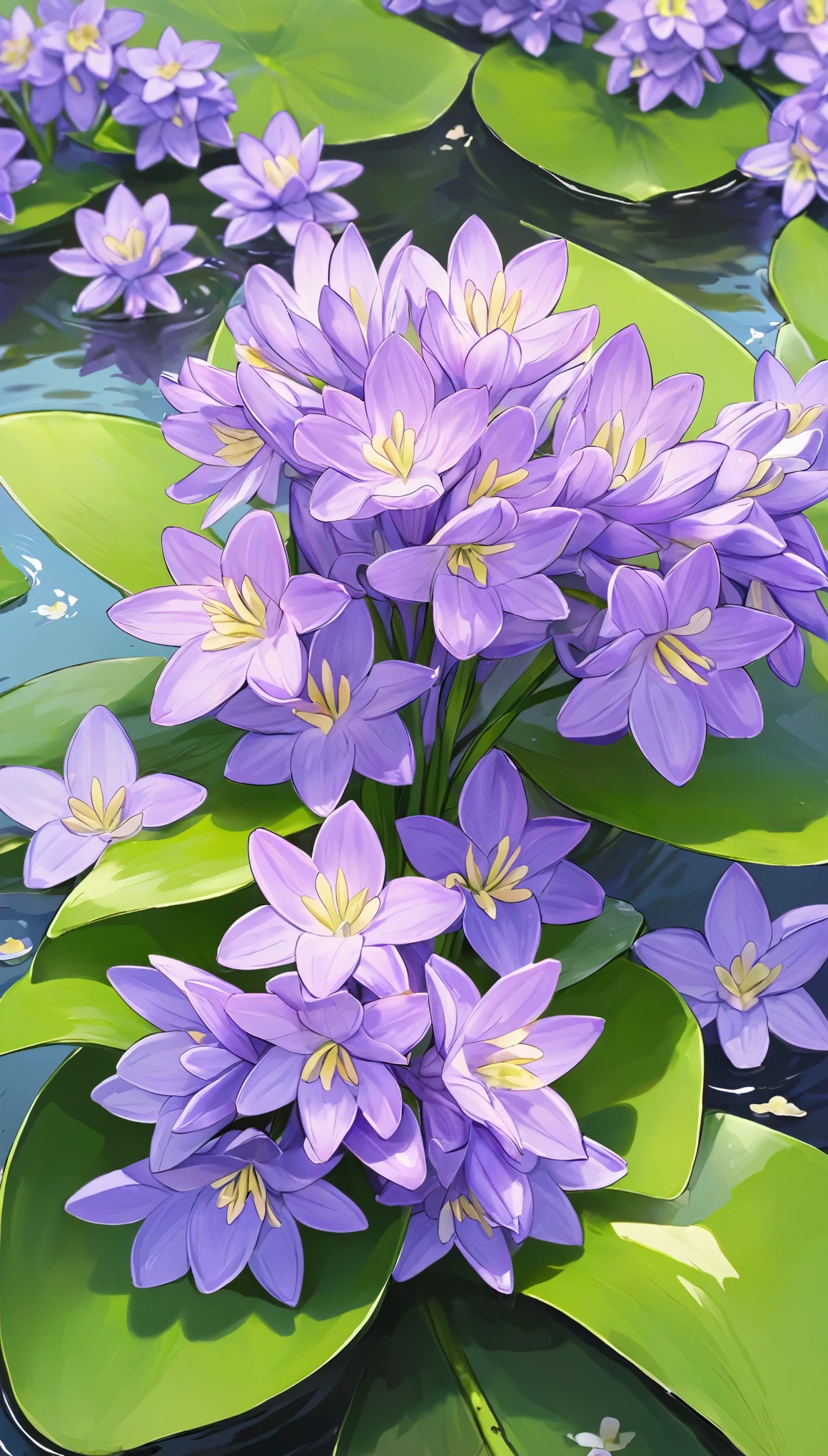 Water hyacinth flowers are a very beautiful flower, Its flowers take on a lilac hue,Very fresh and elegant。The petals of the water hyacinth flower are heart-shaped,The flower has a ring of yellow stamens in the middle,Very conspicuous。 The flowers of the water hyacinth flower have a unique shape,Like a little wind chime,Extremely cute。The petals also have clear lines,Exudes a faint aroma,Very charming,