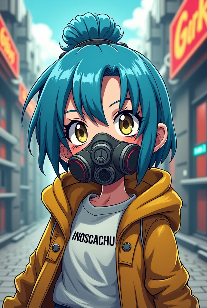 prompt: drawing style is like Akira Toriyama in Metal slug Arale , drawing small figure futuristic environment blue hair , gas or oxygen mask that covers the mouth and nose , The woman's style is like a dragon ball npc , The woman wears a coat with a yellow hood or a white shirt with the name Inoscachu in black letters written on the shirt.