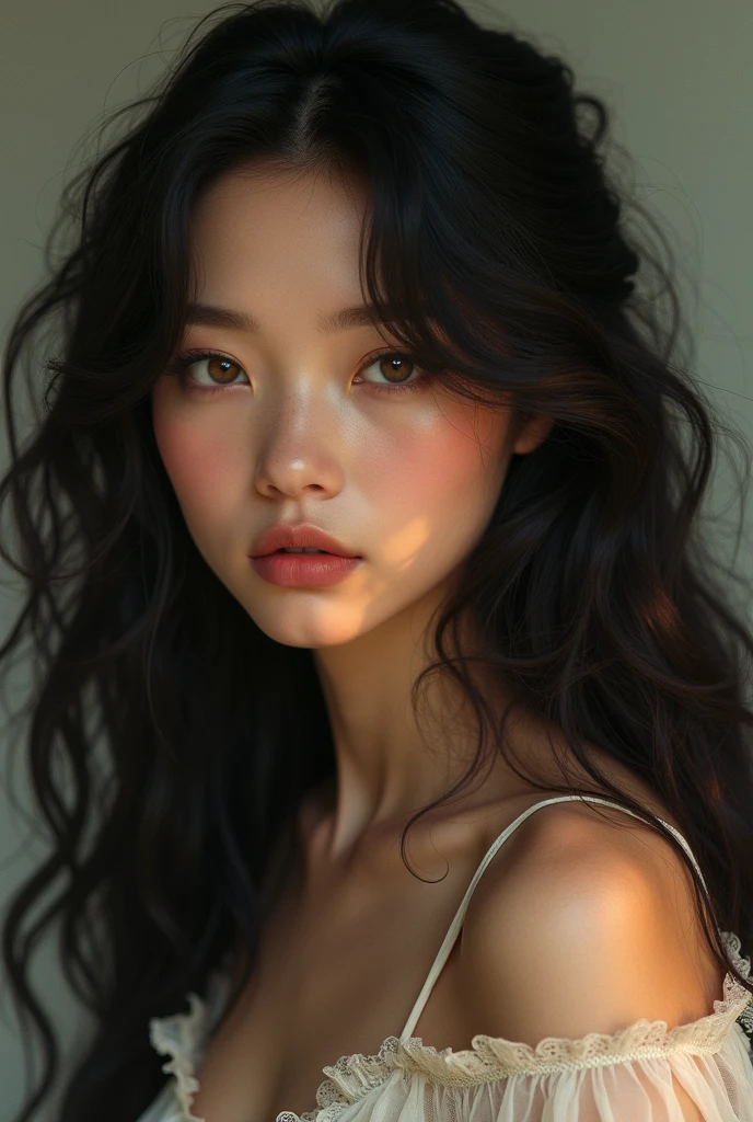 A woman with long curly black hair and light brown eyes