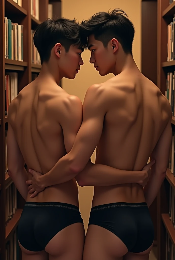 Two slim attractive Asian male teenagers in boxers touching each other&#39;s butts while in a the books shelt