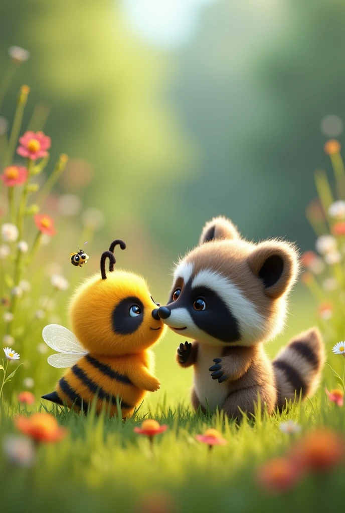 A little bee with a little raccoon, animated