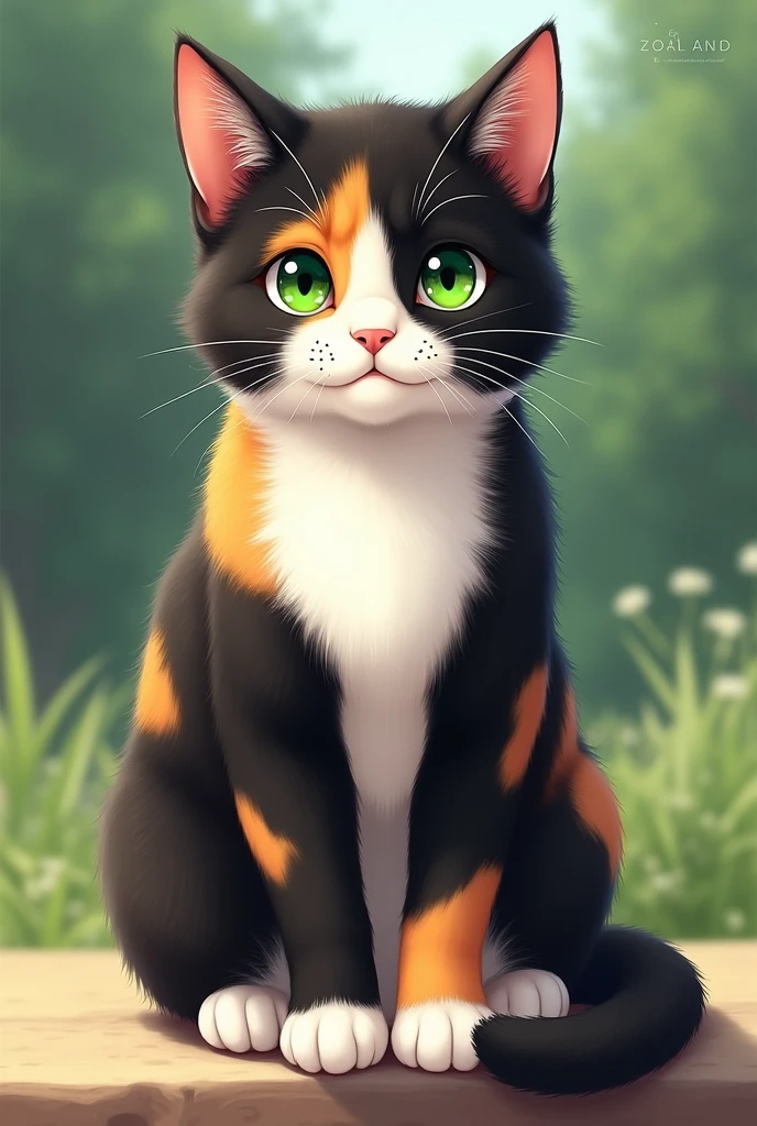 Make a realistic anime style tortoiseshell cat (black color, orange, light yellow and white), green eyed. That it is female and that it is an adult cat.
That has a black nose.
Los labios negros con pequeñas manchas blancas debajo de la nariz
Y la mayor parte de la cara negra pero con algunas manchas oranges.
The chest is white. The legs are white at the tips..
La pata derecha de adelante arriba de la parte blanca color amarillo claro
La pata izquierda de adelante arriba de la parte blanca black color
Las patas de atrás arriba de la parte blanca color amarillo claro.
La espalda negra con manchas oranges
La cola toda llena de manchas blancas, black and light yellow