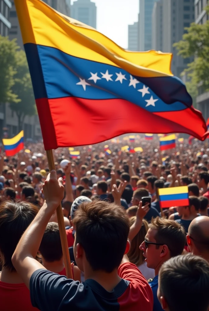 Another image of a mass march, calling for freedom for Venezuela , where the flag is seen, and emotion is transmitted , fuwrA, courage and hope