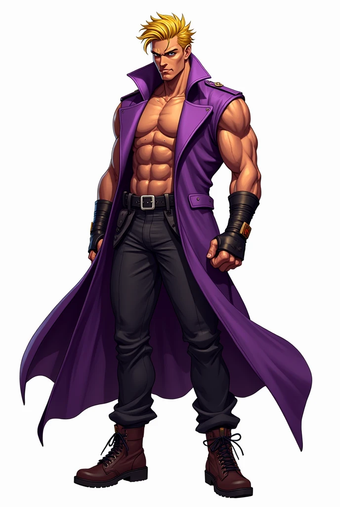 JJBA style, full body image, masterpiece, ultra-detailed, purple sleeveless trench coat, man, leather wristbands, White background, Tactical Boots, #fff800, #ffba00