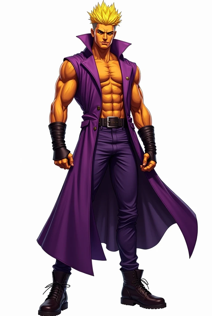 JJBA style, full body image, masterpiece, ultra-detailed, purple sleeveless trench coat, man, leather wristbands, White background, Tactical Boots, #fff800, #ffba00
