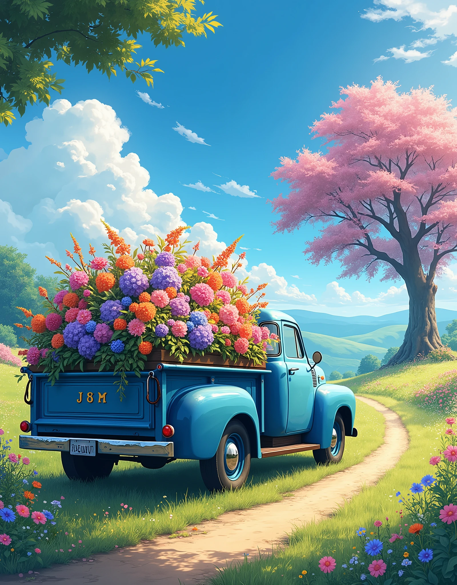 Create a highly detailed anime-style illustration of a vibrant springtime scene featuring a vintage blue truck filled with an explosion of colorful flowers. The truck is parked on a winding dirt path that cuts through a lush, flower-filled meadow. The field is alive with various blooms in shades of pink, purple, orange, and blue, creating a vivid and lively atmosphere.
In the background, a large tree covered in pink blossoms stands tall, its branches reaching out to the bright, clear sky. The sky is a stunning shade of blue, dotted with fluffy, golden-edged clouds, and the sun shines warmly, casting a soft, golden light over the entire scene. The sunlight enhances the richness of the colors, giving the illustration a dreamy, almost magical quality.
The overall composition should capture the beauty and tranquility of nature, with a focus on the harmony between the vibrant flowers, the vintage truck, and the serene landscape. The style should reflect the aesthetics of anime, with meticulous attention to detail, especially in the flowers and the soft, glowing light. The scene should evoke a sense of peace, joy, and the simple pleasures of a sunny day in a flower-filled countryside.