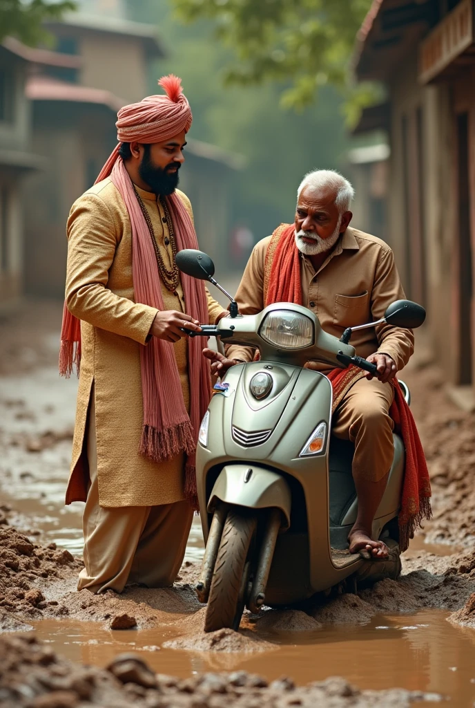 Ek ladka hai jismein apni shaadi ki sherwani pahani hai vah ek uncle ki help kar raha hai jinka scooter kichad mein fas gaya hai