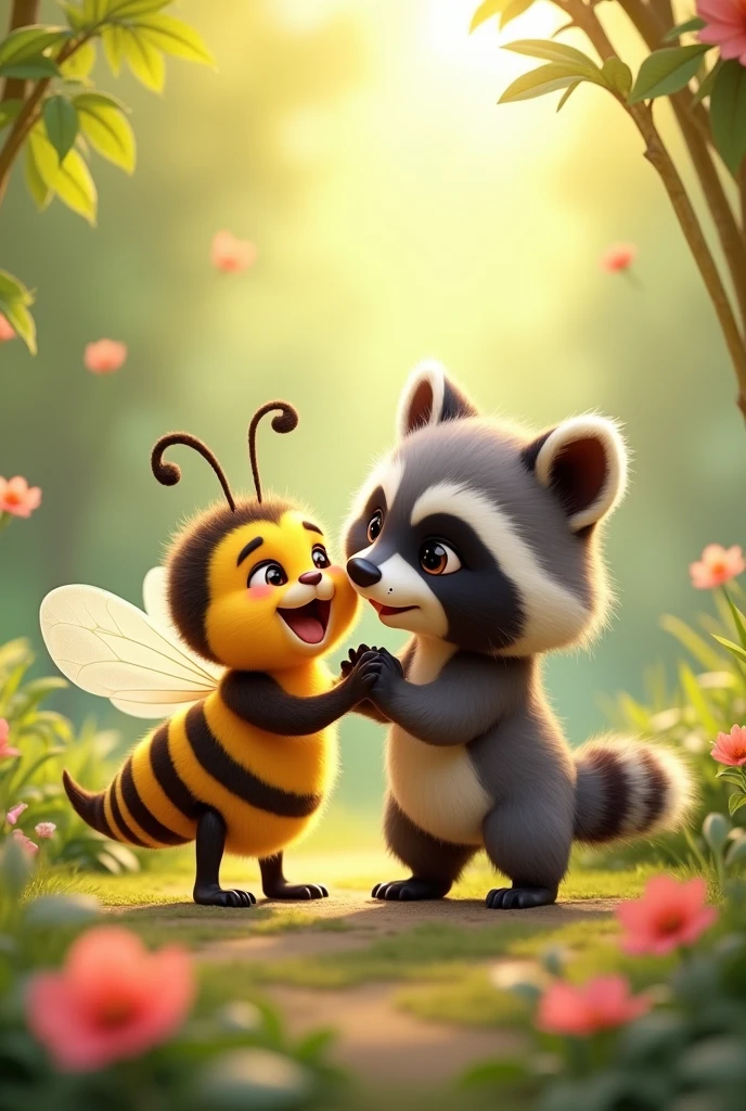 A little bee with a little raccoon, lively and pretty