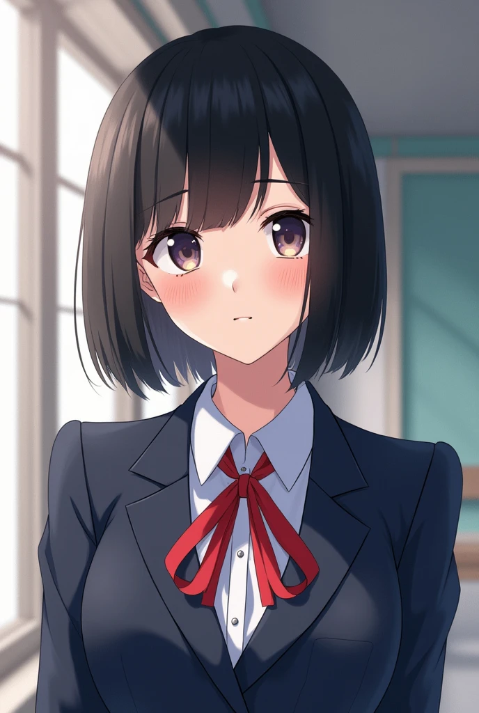 Straight bangs、See-through with heavy bangs、Black Hair、Bob，Round eyes、navy blue blazer with red ribbon、high school student、Women、Slightly round face
