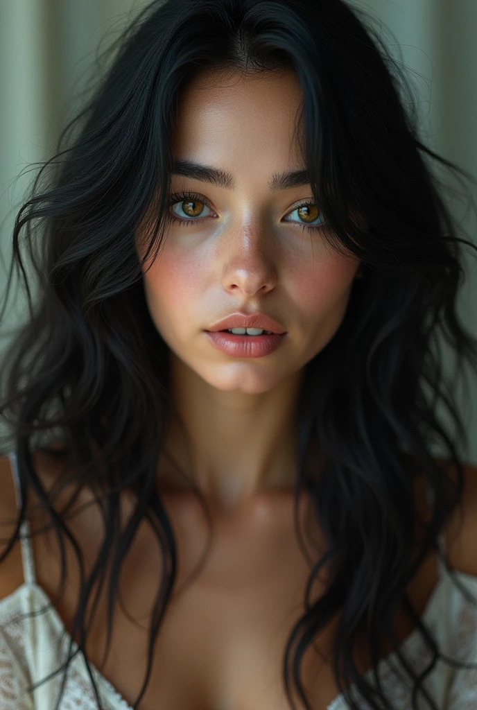 A woman with long curly black hair and light brown eyes 