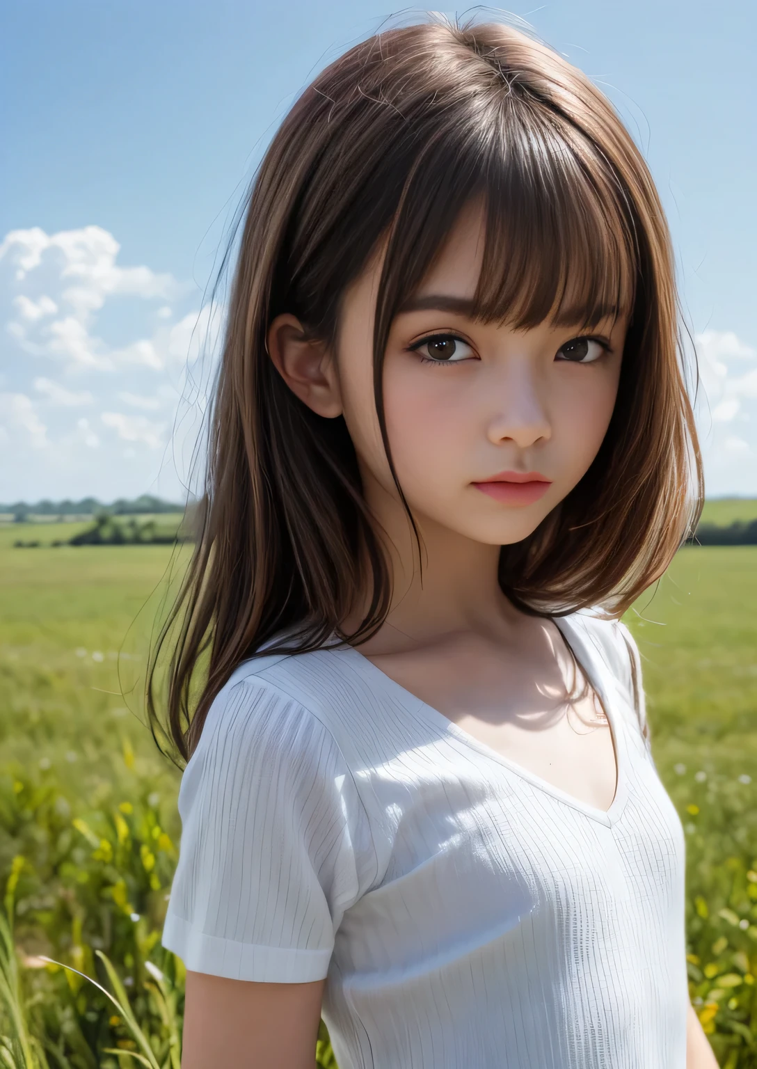 Girl wearing short-sleeved blouse、Cute 1 girl、Cowboy Shot、light brown hair with bangs,,、Big eyes、Small breasts、In the background you can see grassland and blue sky.、Perfect lighting、Sharp focus、High resolution、High resolution、High color reproducibility、High resolution、Ultra-realistic、Realistic ,(masterpiece, highest quality:1.2), 8k, Absurd, (Upper Body:1.2),