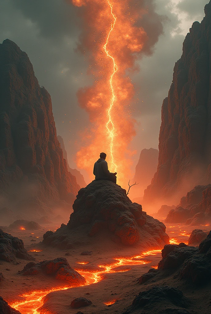 In a desert with rocks from hell, glowing sparks rain down, liquid embers run over the rocks, the weather is stormy, a man sits on a dead tree and meditates.