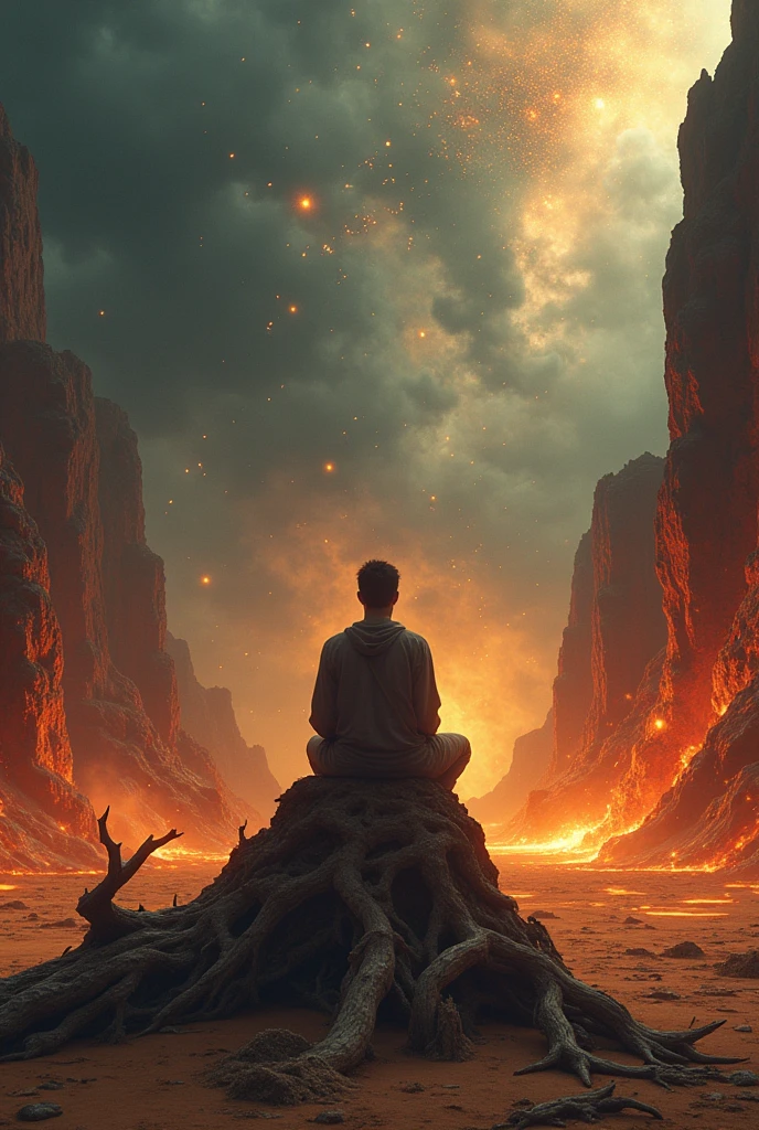 In a desert with rocks from hell, glowing sparks rain down, liquid embers run over the rocks, the weather is stormy, a man sits on a dead tree and meditates.