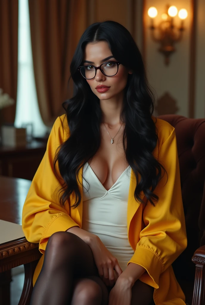 ultra realistic, photography, long black straight hair, elegant hair, (30 years old, hazel eyes, hourglass figure, perfect fit body, natural big breasts), firtatious look, femme fatale, long eyelashes, cat-eye make-up, (best quality,4k,8k,highres,masterpiece:1.2),ultra-detailed, secretary, female, glasses, short white dress, Yellow overshirt, black pantyhose, heels, sitting at the front desk of huge law firm, HDR, 8k, absurdres, cinestill 800, sharp focus, add_detail:2, (solo, woman)
