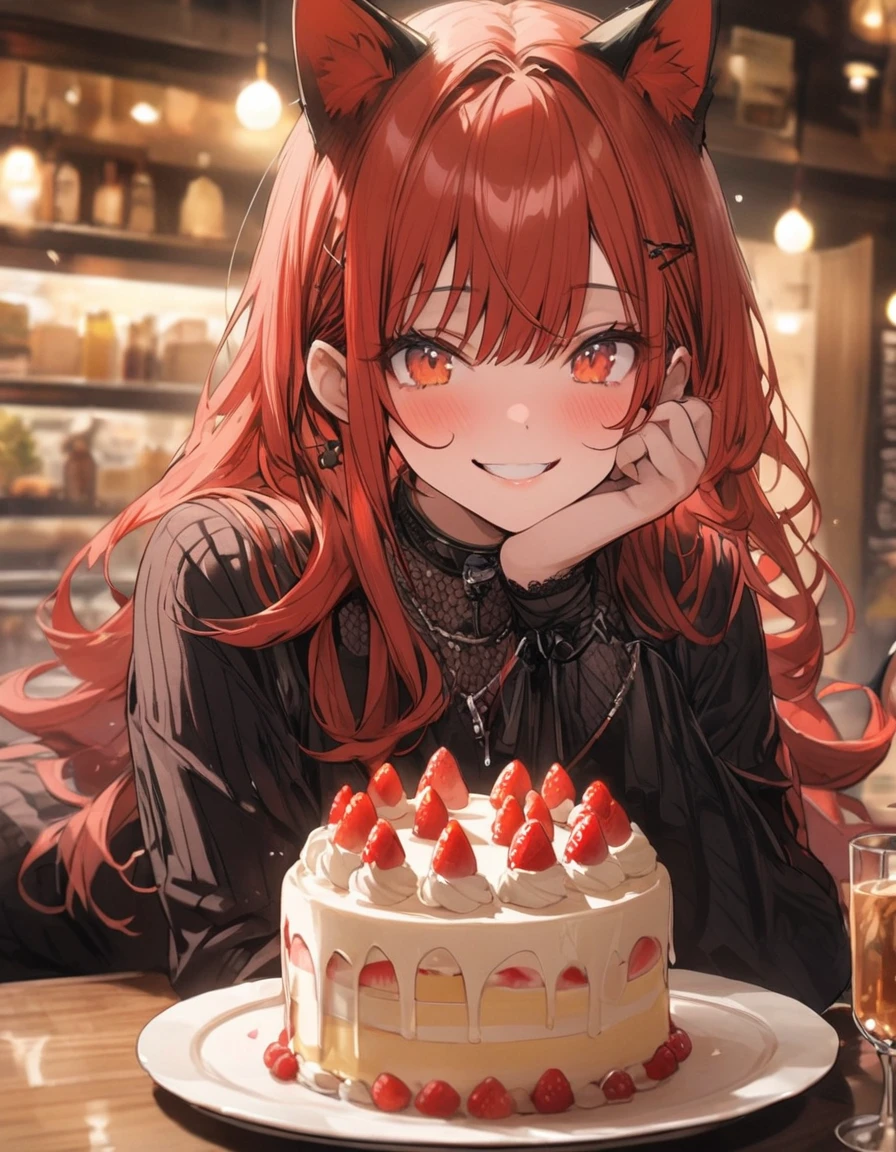 masterpiece、girl、Red Hair、Long Hair、Cat ear、smile、Wearing Glass,(((Big Cake)))、Focus on the face,Cafe Background
