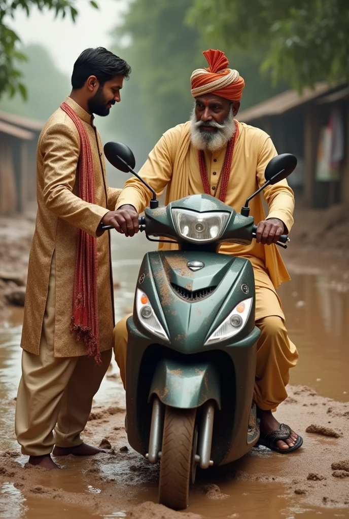 Ek ladka hai jismein apni shaadi ki sherwani pahani hai vah ek uncle ki help kar raha hai jinka scooter kichad mein fas gaya hai